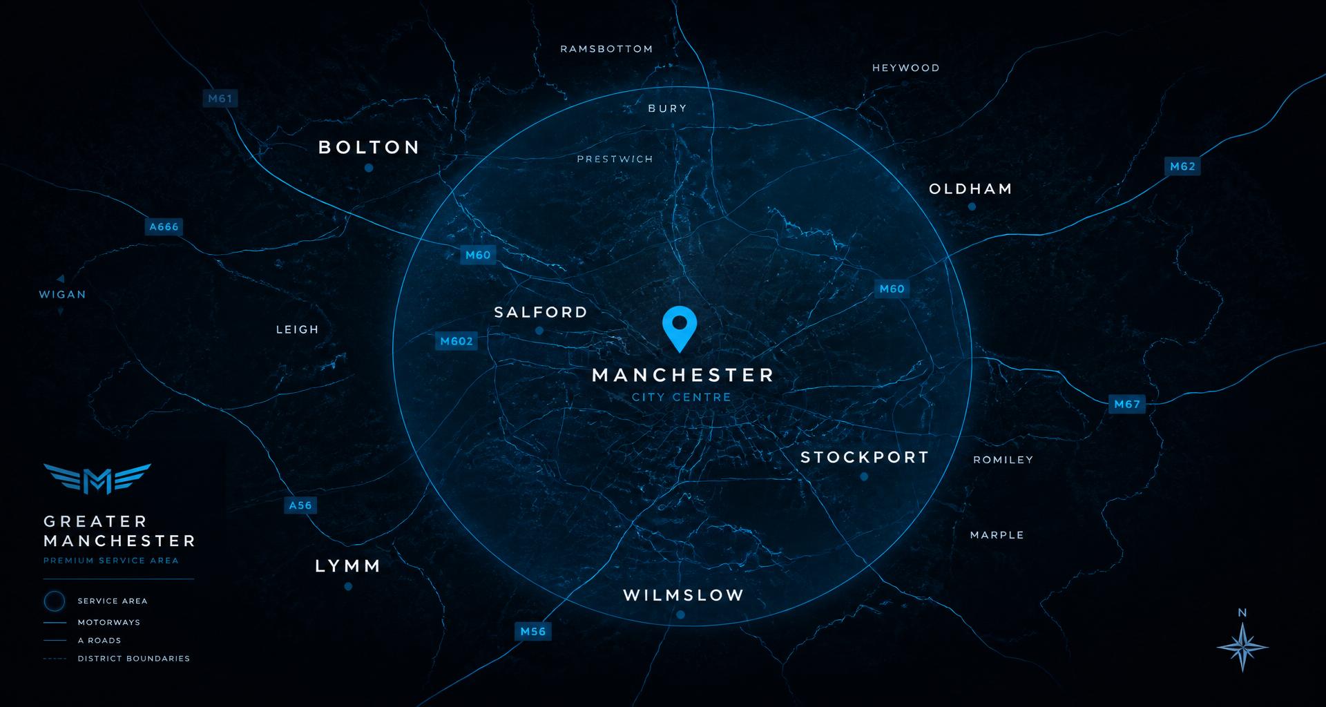 Map showing W3 WAX mobile detailing service area across Greater Manchester, including Bolton, Wilmslow, Lymm and Stockport